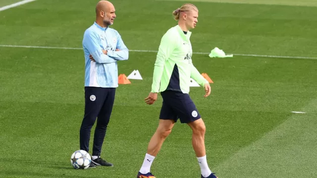Haaland e Guardiola nell'allenamento pre Man City-Napoli. Foto: Ciro De Luca per CalcioNapoli24