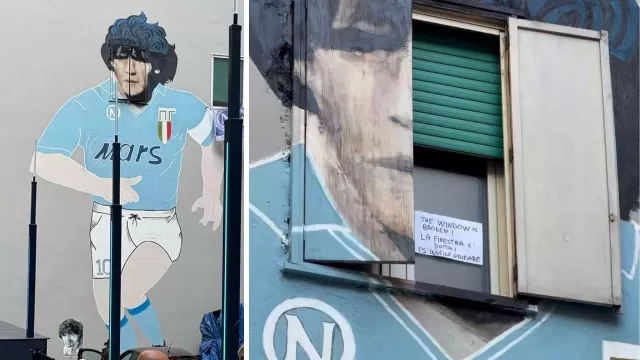 Murale Maradona, finestra rotta