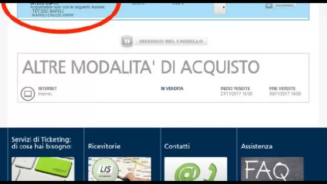 La schermata di Listicket che blocca l'acquisto dei biglietti se non in possesso di tessera del tifoso